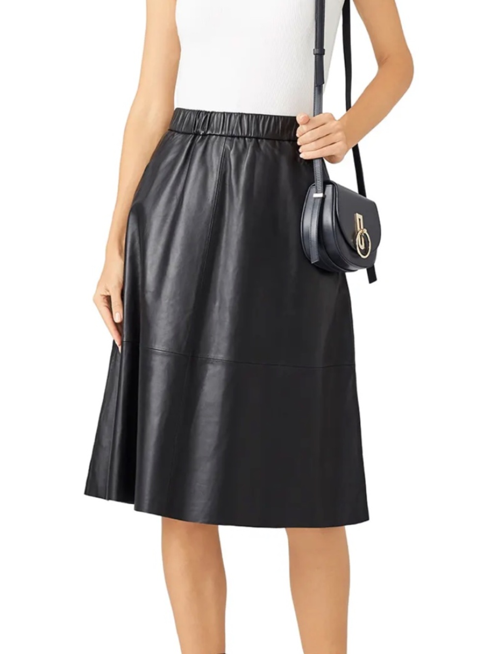 Bagatelle Collection 100% Genuine Leather A-Line Midi Skirt with Pockets Black
